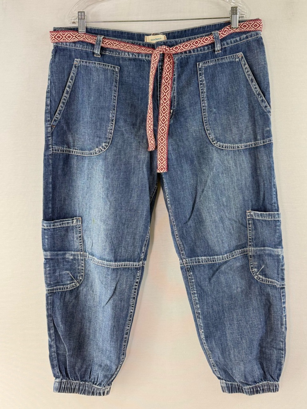 Sundance Jolienne Med-Wash Denim Cargo Joggers with Red Patterned Belt